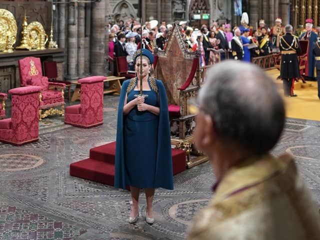 Penny Mordaunt holds the Swords of State at the coronation ceremony of King Charles III and Queen Camilla in Westminster Abbey, London. Picture: Jonathan Brady/PA Wire