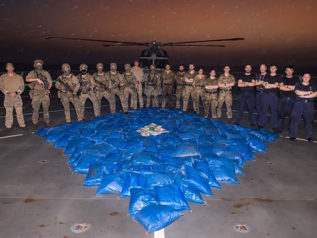 Royal Marines and Royal Navy teams with the haul - Portsmouth-based Type 45 destroyer seized £15m worth of drugs from smugglers operating in the Indian Ocean.