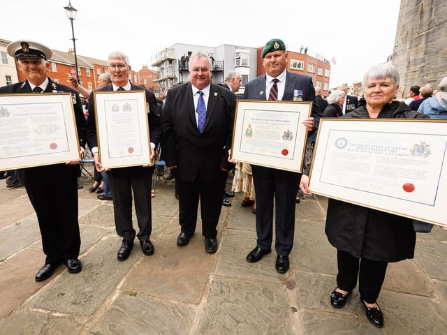 Pictured is: CPO Alan Ward, the S Atlantic Assoc. Keith Ridley, Chairman of the RNA. The Hon Roger Spink MLA and Falkland Island representative, Paul Deacon, RMA Chairman. Alison Towers, President of the AOW. Picture: Keith Woodland (190621-312)