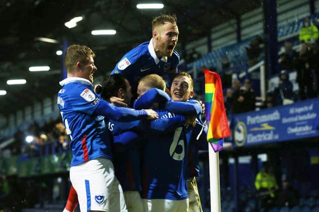 Portsmouth's Jack Whatmough scores his first goal of the match. Picture: Joe Pepler