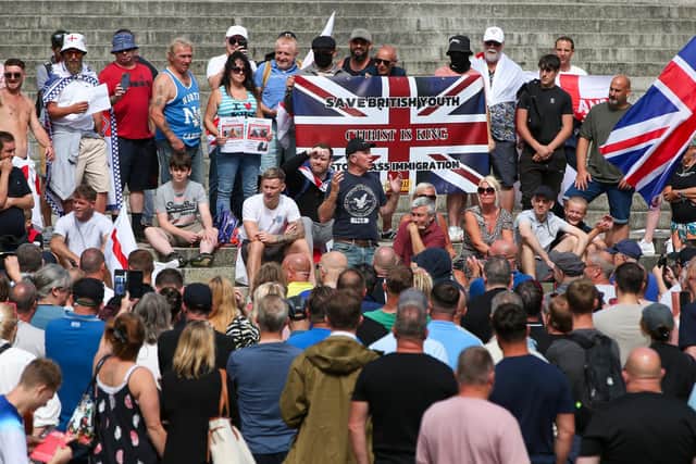 Melvyn Todd (in black cap) who stood for Reform in Portsmouth North at the 2024 general election, addressing the crowd in Guildhall Square, Portsmouth. Picture: Chris Moorhouse (030824-36)
