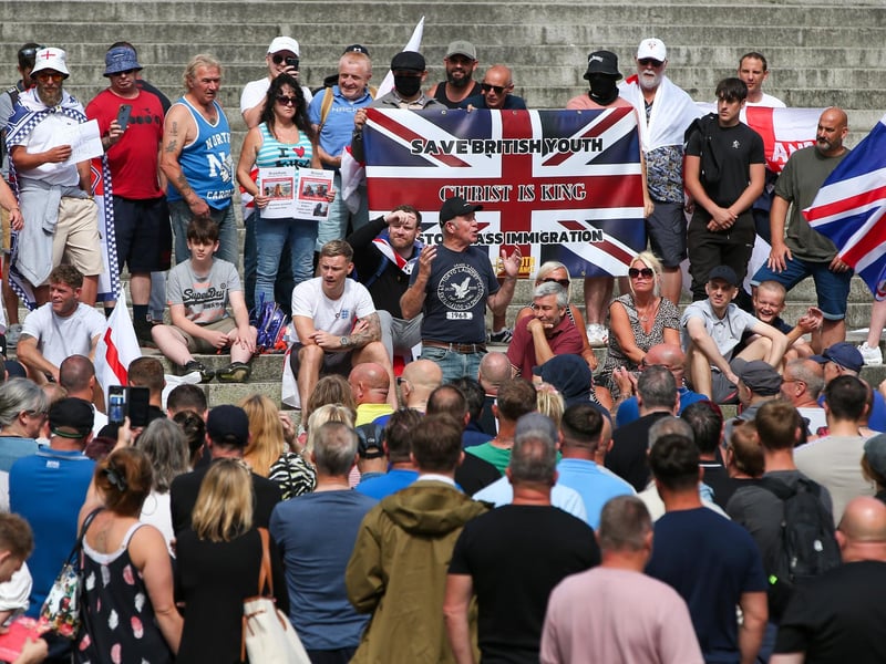 Melvyn Todd (in black cap) who stood for Reform in Portsmouth North at the 2024 general  election, addressing the crowd in Guildhall Square, Portsmouth. Picture: Chris  Moorhouse (030824-36)