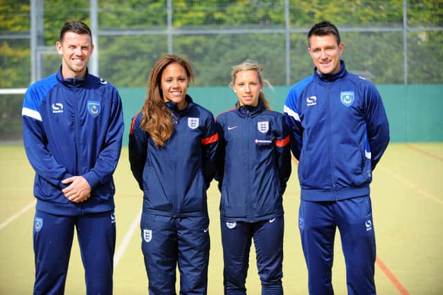 Tom Craddock and Pompey team-mate Marcos Painter joined England players Alex Scott and Jordan Nobbs in coaching a group of youngsters from Medina Primary School in September 2013. Picture: Allan Hutchings (132551-245)