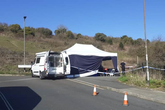Police set up a tent in Wymering as part of a search on March 16, 2020, in relation to the murder of Kayleigh Dunning. Picture: Neil Fatkin