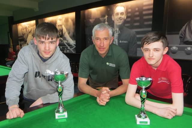 From left - Will Forster, Marc Lockley from event sponsor snookercrazy.com, John Donovan.