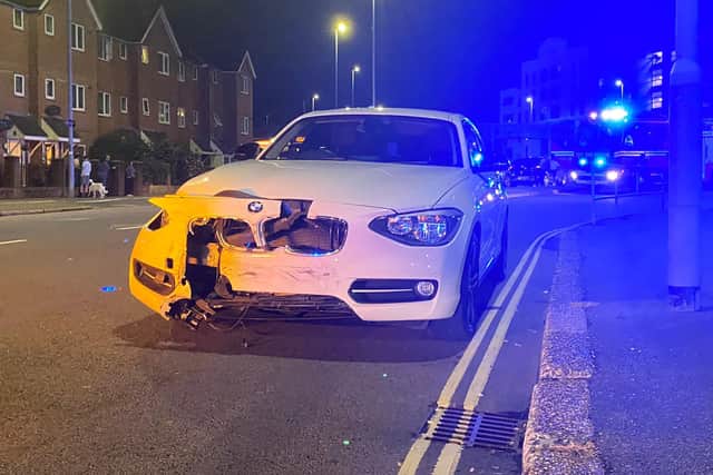 The BMW damaged by the crash in Hilsea this evening.