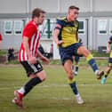 Jordan Pile (yellow/blue) has left Moneyfields to sign for Baffins Milton Rovers. Picture by Paul Collins.