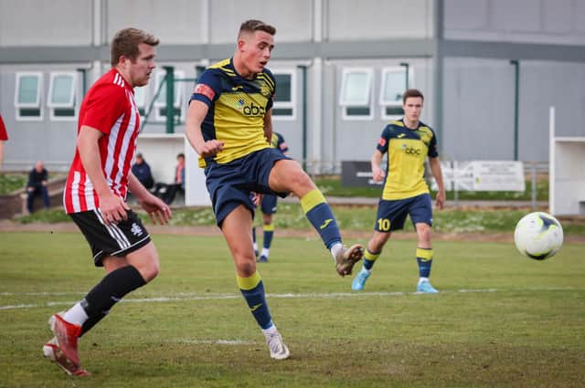 Jordan Pile (yellow/blue) has left Moneyfields to sign for Baffins Milton Rovers. Picture by Paul Collins.