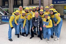 Moneyfields players and management dressed as Minions (apart from Harry Birmingham) at Waterloo Station on their way to Winter Wonderland in Hyde Park