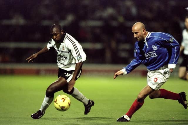 Matt Robinson pursues Fulham's Gus Uhlenbeek in a 1-0 Pompey defeat at Craven Cottage in November 1999. Picture: Stu Forster/Allsport