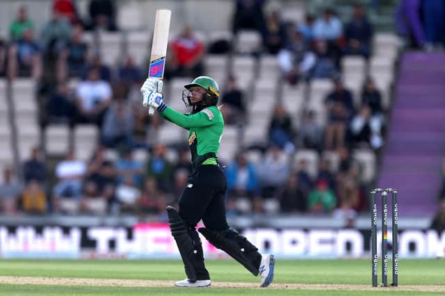 Danni Wyatt hitting a six to win the first ever Hundred game held at Hampshire's Ageas Bowl. Picture: Steven Paston/PA Wire.
