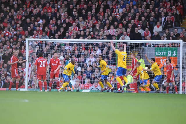 Priceless memories - Hawks score their first goal at Anfield in their FA Cup fourth round tie, January 2008. Pic: Allan Hutchings.
