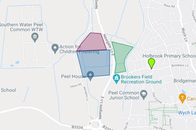 Plans have been put forward for 75 homes from Fareham Land (in purple) and 115 homes from Bargate Homes (in blue), who also aim to build 99 homes (in green) in the area. Picture: Google Maps