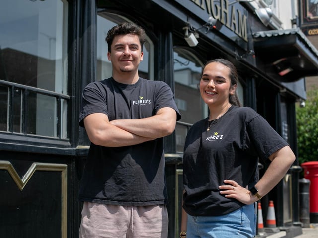 Siblings and co-directors Max and Izzy Florio outside the former Duke of Buckingham, Old Portsmouth.