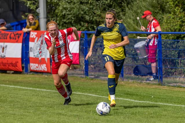 Moneyfields' Kim Whitcombe scored the opener in the FA Cup victory over Hastings United. Picture: Mike Cooter