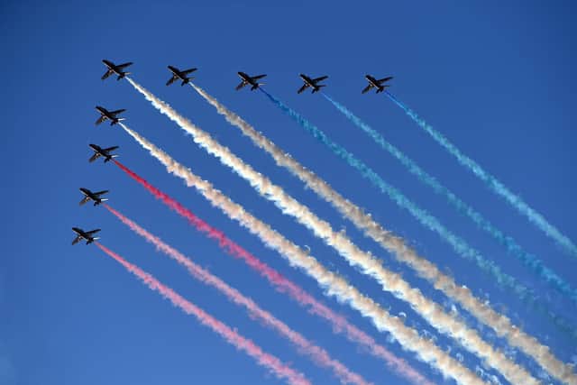 The Royal Air Force Aerobatic Team, the Red Arrows, perform a fly-past during the G7 summit in Carbis Bay, Cornwall on June 12, 2021. Picture: DANIEL LEAL-OLIVAS/AFP via Getty Images).