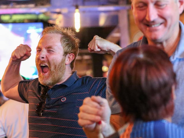 Celebrations at full-time. Fans watch Netherlands v England, UEFA Euros 2024 semi-final played in Dortmund, at Village Hotel, Lakeshore Drive, Cosham
Picture: Chris Moorhouse (100724-104)