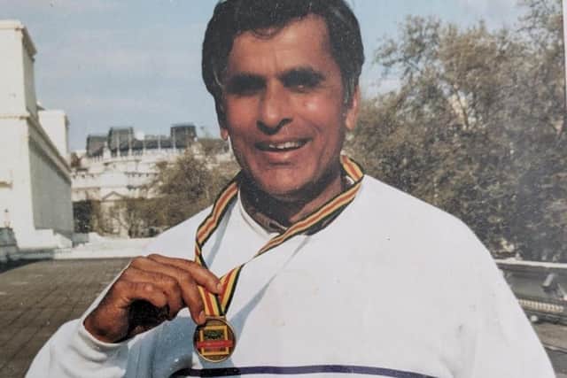 Dev after one of his earlier marathons for the Cancer Research Campaign which later became Cancer Research UK.