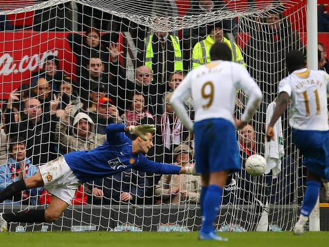Stand-in goalkeeper Rio Ferdinand cannot keep out Sulley Muntari's penalty as Manchester United were knocked out of the FA Cup by Pompey in March 2008. Picture: Richard Heathcote/Getty Images.