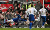 Stand-in goalkeeper Rio Ferdinand cannot keep out Sulley Muntari's penalty as Manchester United were knocked out of the FA Cup by Pompey in March 2008. Picture: Richard Heathcote/Getty Images.