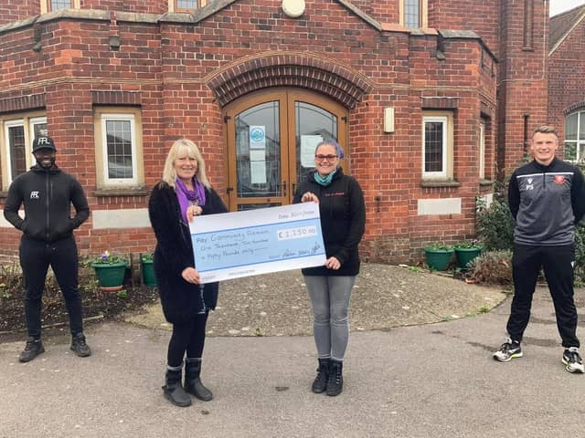 Men who completed 5km per day in November donated £1,250 to the Portchester Food Pantry. Pictured: Warren Chebby, Julie Elston Sexton, Lucy-Anne Barnett, Peter Sanderson