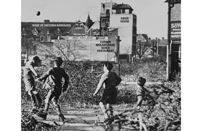 We now know that the lads were having their kickabout on Norfolk Street, Southsea. XXX on the left is a man riding a bike along King's Road.