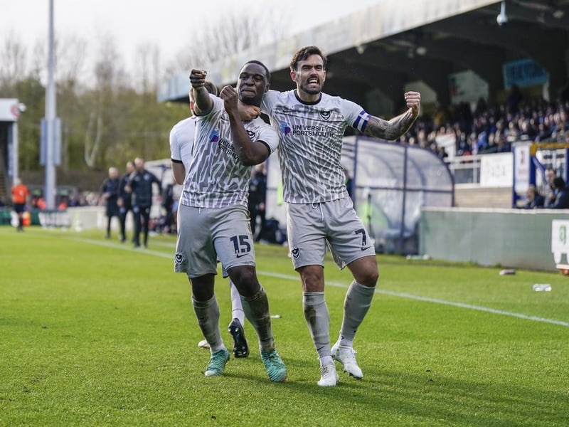 Pompey goalscorer Christian Saydee celebrates with Marlon Pack in the 3-1 win at Wycombe. Picture: Jason Brown/ProSportsImages