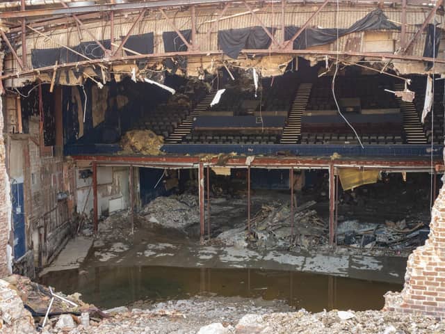 Inside the building, which has been partially demolished.