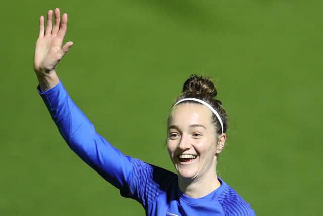 Sammy Quayle waves to the crowd after netting in Pompey Women's win over Chichester & Selsey. Picture: Dave Haines and Lily  Moore