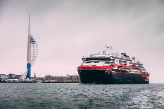Expedition cruise line Hurtigruten's new battery-powered cruise ship MS Fridjtof Nansen makes its first trip into Portsmouth on March 5. It's one of the first ships of its kind across the globe. Picture: Paul Gonella / Strong Island 