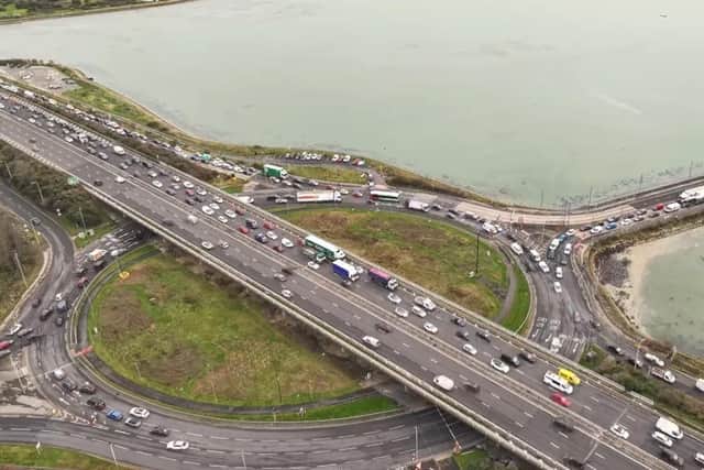 Drone footage from Marcin Jedrysiak showing severe traffic jams on Eastern Road last month following a burst sewer. Southern Water said they are on course to complete the latest round of repairs. Picture: Marcin Jedrysiak.