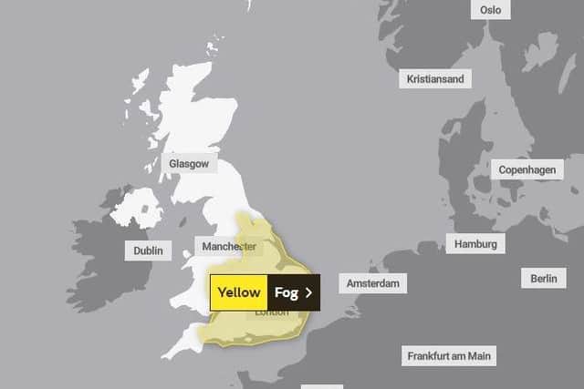 A yellow weather warning for fog is on place across the south of England. Picture: Met Office