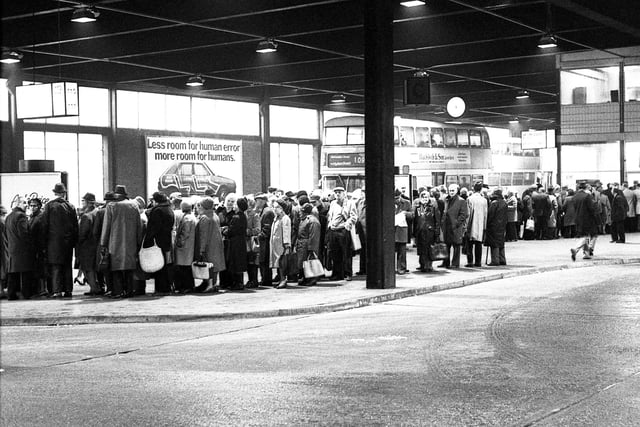 Pensioners queue for the new travel passes at the Corporation bus depot in Sunderland and they had to wait for more than an hour.