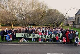 Members and supporters of Keep Milton Green gather at St James' Hospital, to campaign against plans to develop green areas of the hospital site in 2015  
Picture: Allan Hutchings (150129-221)