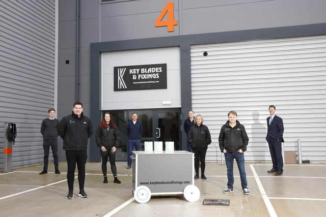 WARM WELCOME: Key Blades & Fixings is the latest company to move into Concorde Park. From left, at the front, are Keyblades Mitch Hackshaw, director, Carrie-Anne Halford, Stef Pryce and Lee Coffin, director. At the back, from left, are CBREs Oliver Sherriff and Nick Tutton and Vail Williams Alex Gauntlett and Russell Mogridge.