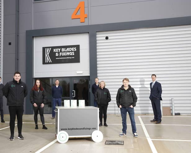 WARM WELCOME: Key Blades & Fixings is the latest company to move into Concorde Park. From left, at the front, are Keyblades Mitch Hackshaw, director, Carrie-Anne Halford, Stef Pryce and Lee Coffin, director. At the back, from left, are CBREs Oliver Sherriff and Nick Tutton and Vail Williams Alex Gauntlett and Russell Mogridge.
