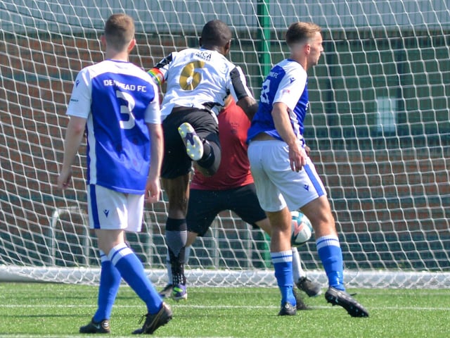 Hayling score a consolation with a close range header. Picture by Martyn White