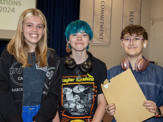 Students were welcomed to Crookhorn College to collect their GCSE results.Pictured - Katie, Grace and MeganPhotos by Alex Shute