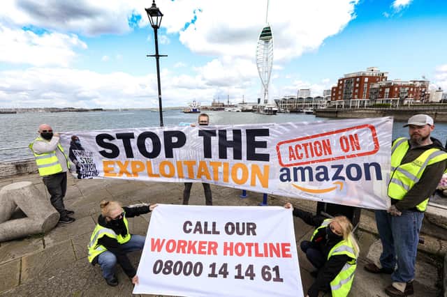 Members of Unite trade union call on Amazon to recognise unions in their business, pictured at Bath Square, Old Portsmouth. Picture: Chris Moorhouse (jpns 160521-01)