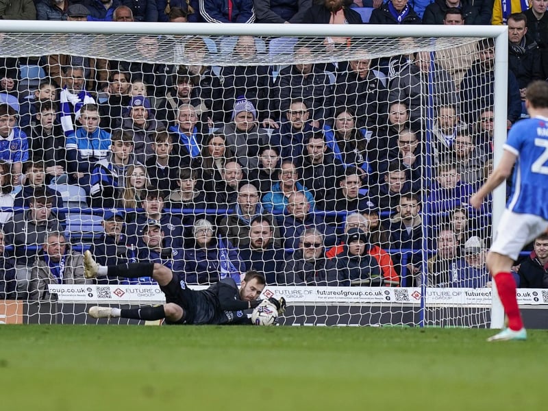 Keeper Will Norris saves in full view of the onlooking Fratton End.