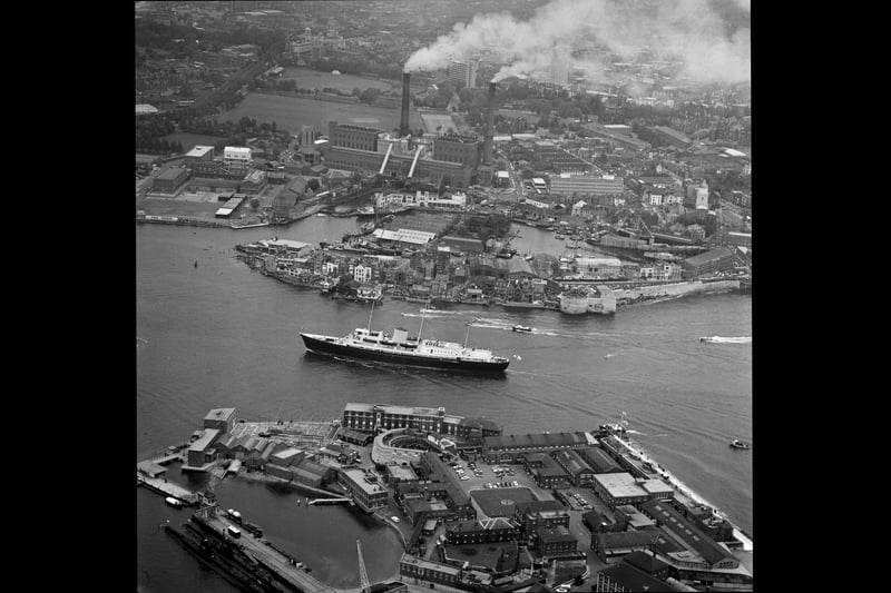 Aerial view on the HMY Britannia sailing to Portsmouth Harbour, UK, 30th May 1965. (Photo by Daily Express/Hulton Archive/Getty Images)