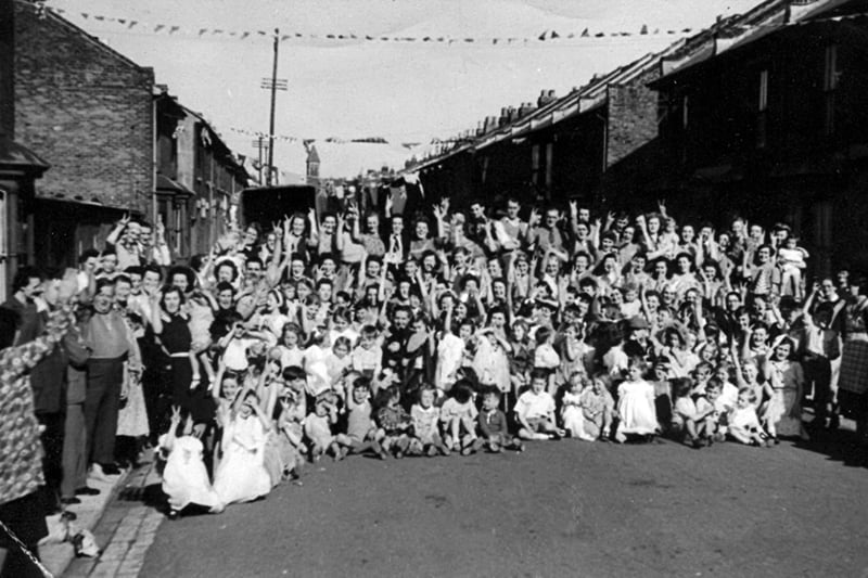 The street party to celebrate the end of the Second World War in 1945 in Lower Derby Road, Stamshaw, Portsmouth.