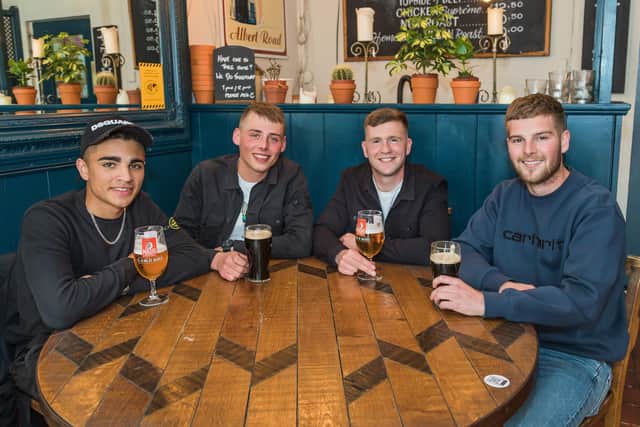 Able Seamen visit Porters on Albert Road. Pictured: Marcus John (18) from Manchester, Ross Keith (21) from Glasgow, Jack Charman (23) from Portsmouth and William Southworth (24) from Colchester. Picture: Mike Cooter (220521)