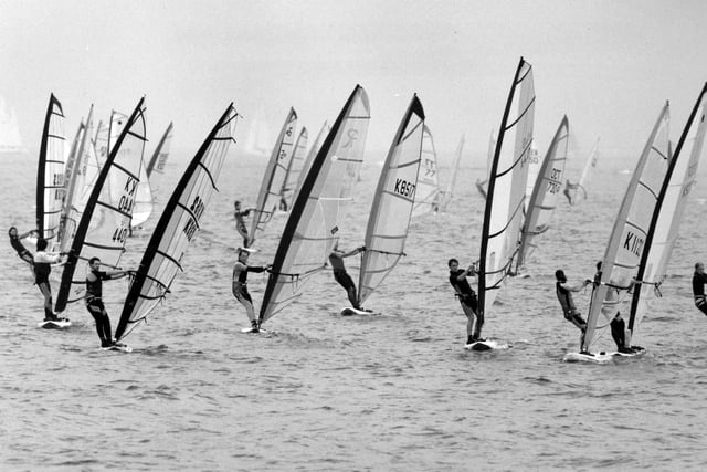 Action from the start of Hayling Islands windsurfing Marathon around the Island in 1994. The News PP5397