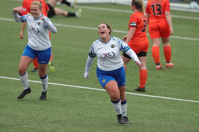 Chloe Dark celebrates after scoring her second goal to make it 4-1 to Hawks. Picture: Dave Haines