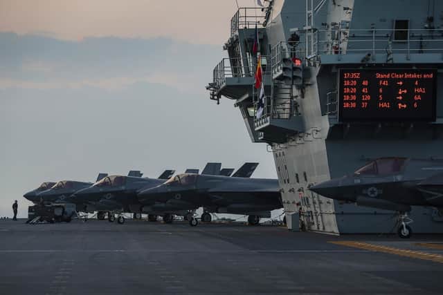 British and American F-35 jets pictured on the flight deck of HMS Queen Elizabeth. Photo: LPhot Belinda Alker