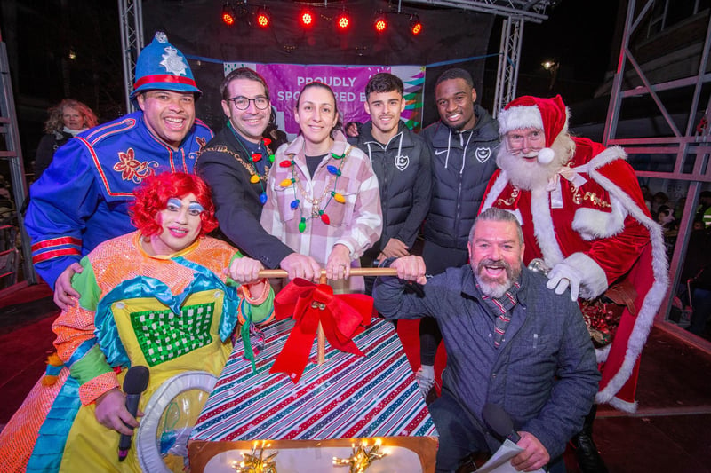 Palmerston Road Christmas Lights Switch On at Southsea on Thursday 23rd November 2023

Pictured: Santa with the Lord Mayor, Tom Coles and Mayoress, Nikki Coles with Wave 105 presenter, Mark Collins with Pompey football players and cast of Alladin from New Theatre Royal.

Picture: Habibur Rahman