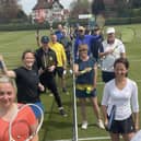 A number of Avenue players line up at the net, from front: Evie Howarth, Mandy Richardson, Natalie Denby, Karen Kirwan, Richard Marston, Mike Harold, David Spink, Graham Richardson, Stew Wiles, Phil Tite, Mark Fullstone, Dick Nicholson, Rob Mort, Andre Rogers