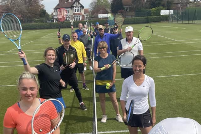 A number of Avenue players line up at the net, from front: Evie Howarth, Mandy Richardson, Natalie Denby, Karen Kirwan, Richard Marston, Mike Harold, David Spink, Graham Richardson, Stew Wiles, Phil Tite, Mark Fullstone, Dick Nicholson, Rob Mort, Andre Rogers
