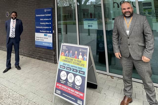 Terence Carvalho from Becketts and James Batney from the D-Day Story museum who have both taken up roles at the asymptomatic Covid testing site in Somerstown, Portsmouth.
